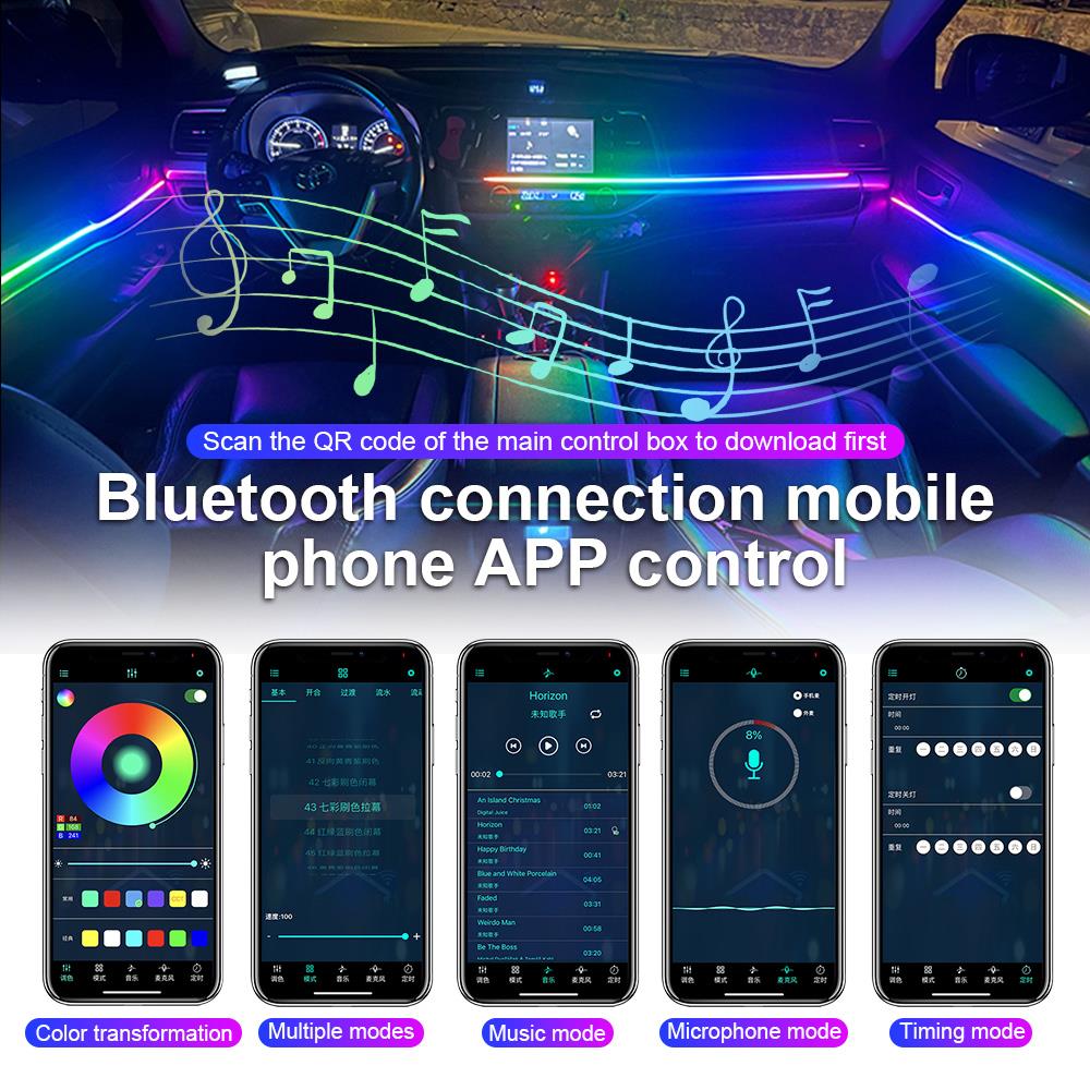 22 in 1 64 Color RGB Symphony Car Atmosphere Interior LED Acrylic Guide Fiber Optic Universal Decoration Ambient Speaker Lights