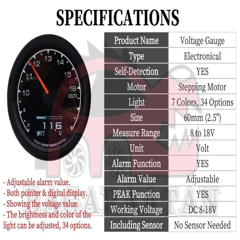 2.5'' 60mm Car Voltage Gauge 8-18V Volt Meter Digital Pointer Display Black Face 7 Colors LED Display Gauge
